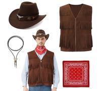 Hislovy Cowboy Costume for Adults, 4PCS Western Vest Men for Halloween Carnival Wild West Theme Parties (Brown, S)