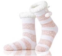 Hisonwel Women Slipper Socks UK4-8, Non Slip Fuzzy Fluffy Thick Warm Cabin Cozy Comfy Soft Fleece Home Grips Socks (Beige, Adult, Women, One Size)