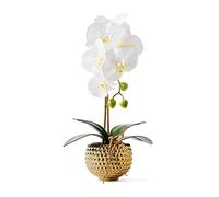 Hisow Orchids Artificial Flowers, 15" Faux Orchid in Gold Flower Pot Real Touch Flowers in Pot Large Flower Arrangements Artificial Centerpiece for Home Living Room Bathroom Kitchen Decoration (White)