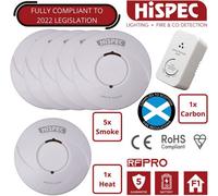 Hispec Battery Powered Smoke Alarm And Heat Detector Kit: (5 Smoke, 1 Heat, 1 Carbon)