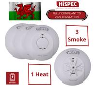 Hispec Mains Powered Smoke Alarm And Heat Detector Kits With 9V Battery Backup: 3 Smoke/1 Heat