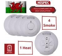 Hispec Mains Powered Smoke Alarm And Heat Detector Kits With 9V Battery Backup: 4 Smoke/1 Heat