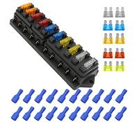 HISports 10-Way Standard Blade Fuse Holder - Waterproof with 10 Free Blade Fuses (Various Amps) - for Car, Boat, Marine, Trike