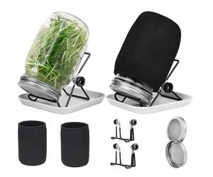 Hisredsun Seed Sprouting Jar Kit, 2pcs 1000ml Wide Mouth Quart Mason Jars with Stainless Steel Screen Sprout Lids,86mm Caliber,with Tray,Stand,Shading Cloth and Canning Brush,for Making Seeds Sprouts