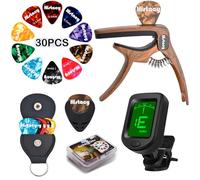 Histacy Guitar Accessories Kit: Clip On Guitar Tuner, 3 in 1 Guitar Capo, 30 Guitar Picks, Pick Holder, Leather Plectrum Pouch Keyring & Storage Case for Acoustic Electric Guitar, Bass, Ukulele