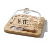 Histeaa Elegant Nordic Style Butter Dish with Lid, Wooden Tray & Glass Cover - Stylish Kitchen Accessory with Butter Cutter A