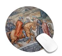 Historical Knight Riding Horse Mouse Pad, Earthy Tones Vintage Artwork Stitched Edge Mousepad, Rubber Non-Slip Washable Desk Mouse Pad for Home and Office, Computer, Laptop Round 8x8 Inch