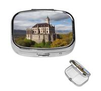 Historical Monuments of Armenia Pill Box 2 Compartment Round Metal Pill Case for Purse & Pocket, Portable Medicine Organizer Travel Pillbox Daily Pill Container Holder to Hold Vitamins, Fish Oil