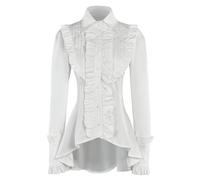 HistoryWomen Victorian Gothic Steampunk Blouse, Cotton Ruffle Button Down Shirt with Lace-Up Back, White, Black, White, S