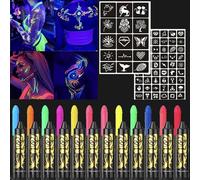 HISUNBEN 12 Colors Uv Neon Night Glow,Glow UV Neon Glow Face Paint Crayons Kit,Body Paint,Water-Based Face Paint For Halloween,UV Glow paint,Kids Face Paint