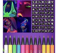 HISUNBEN 6 Colors Uv Neon Night Glow , Body Paint,Water-Based Face Paint For Halloween, For Women Adults ,Kids Face Paint (12 Colors UV Glow Matte Eyeliner Set)