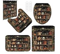 Hitburu Halloween Bathroom Decor Shower Curtains, Non Slip Skull Rugs Toilet Lid Cover Bath Mat for Halloween Bathroom Decor, Waterproof Holiday Decorations for Dorm Shower Room RV Restroom Apartment