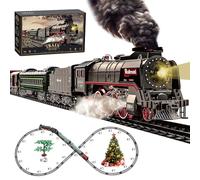 Hitish Train Set for Kids, Electric Train Toys with Realistic Light Sounds Smoke, Christmas Train Model Gifts for Toddlers Boys Girls, Steam Locomotive, Luxury Track & 2 Glowing Passenger Carriages