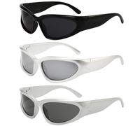 HiTjK 3 Pairs Wrap Around Sunglasses, Rave Glasses with Silver and White Frames, Trendy Sunglasses for Outdoor Events and Casual Wear