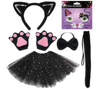 HiTjK 7 PCS Cat Costume, Black Tutu, Cat Ears Headband, Gloves, Tail and Face Stickers, Ideal for Carnival, Halloween, Birthday Parties and School Plays