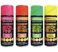 HitlineUK Fluorescent Neon Spray Paint Bundle 4 x 400 ml Cans (Pink Orange Green Yellow) Extra-Bright Matt Finish Graffiti & Multi-Surface Aerosol