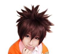 Hitman Reborn! Sawada Tsunayoshi Cosplay Wigs Short Brown Red Mix Fluffy Synthetic Hair Role Playwig + Wig Cap FQ0050