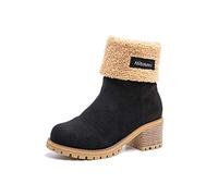 Hitmars Ladies Winter Boots Womens Fur Lined Boots Suede 6CM Mid Block Heel Slip On Snow Warm Boot Casual Walking Combat Black Size 9 (43EU)