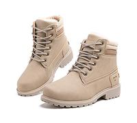 Hitmars Winter Shoes for Women Fur-Lined Warm Ladies Winter Ankle Boots PU Upper Anti-Slip Walking Snow Boots Casual Hi-Top Flat Heel 3.2 CM 3 Khaki Size UK 9