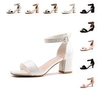 Hitmars Womens Mid Block Heel Sandals Heeled Open Toe Summer Ladies Low Heels Sandals Evening Chunky Wedding Shoes Sexy 6cm/2.4inches Occasion Ankle Strap 1 White Size 6.5 UK