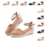 Hitmars Womens Sandals Wedge Espadrilles Ladies Sandals Platform Low Heeled Closed Toe Mid Summer Wedge Sandals Ankle Strap Suede Summer Shoes Khaki Size 7.5UK=41EU
