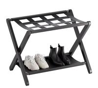 HITNET Black Luggage Rack, Folding Suitcase Stand with Storage Shelf, Bamboo Luggage Holder for Guest Room, Bedroom, Heavy-Duty Nylon Straps