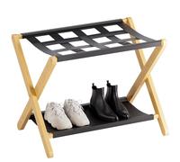 HITNET Luggage Rack, Foldable Suitcase Stand for Guest Room, Heavy-Duty Bamboo Luggage Holder with Storage Shelf for Hotel, Natural