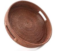 HITOMEN 14.2" Hand-Woven Round Rattan Serving Tray Decorative Ottoman Wicker Platter with Handles for Coffee Table, Breakfast, Drinks, Snack, Bread, Fruit, Vegetables (Brown - L)