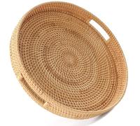 HITOMEN 14.2" Hand-Woven Round Rattan Serving Tray Decorative Ottoman Wicker Platter with Handles for Coffee Table, Breakfast, Drinks, Snack, Bread, Fruit, Vegetables (Natural-L)
