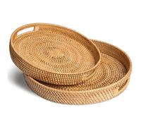 HITOMEN Hand-Woven Round Rattan Serving Tray Decorative Ottoman Wicker Platter with Handles for Coffee Table, Breakfast, Drinks, Snack, Bread, Fruit, Vegetables (Natural Set of 2: M+L)