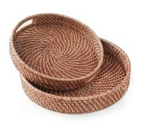 HITOMEN Hand-Woven Round Rattan Serving Tray Decorative Ottoman Wicker Platter with Handles for Coffee Table, Breakfast, Drinks, Snack, Bread, Fruit, Vegetables (Light Brown Set of 2: M+L)