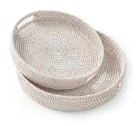 HITOMEN Hand-Woven Round Rattan Serving Tray Decorative Ottoman Wicker Platter with Handles for Coffee Table, Breakfast, Drinks, Snack, Bread, Fruit, Vegetables (Whitewash Set of 2: M+L)
