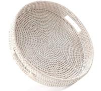 HITOMEN Hand-Woven Round Rattan Serving Tray Decorative Ottoman Wicker Platter with Handles for Coffee Table, Breakfast, Drinks, Snack, Bread, Fruit, Vegetables (Whitewash L-14.2'')