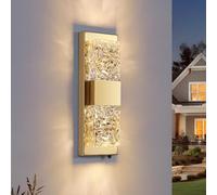HITOO Outdoor Wall Lights Mains Powered, Crystal Outside Lights Dusk Till Dawn Gold Wall Sconce Lights IP65 Waterproof Front Porch Lighting 14'' Modern Wall Lamp for Front Door, Porch, Garage, Garden