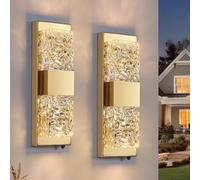 HITOO Outdoor Wall Lights Mains Powered, Crystal Outside Lights Dusk Till Dawn Gold Wall Sconce Lights IP65 Waterproof Front Porch Lighting 14'' Modern Wall Lamp for Front Door, Porch, Garage(2 PCS)