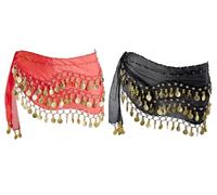 Hitopin 2 Pieces Belly Dance Hip Scarf, Belly Dancing Skirt with 128 Gold Coins, Belly Dance Hip Skirt, Belly Dancing Skirt Hip Scarves, for Belly Dance Yoga Class, Women (Black, Red)