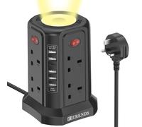 HITRENDS Tower Extension Lead with USB Slots and Night Light, 5 USB Ports and 8 Way Extension Tower (13A 3250W), Surge Protection Extension Lead with 4 Independent Switch, 1.8M Cable for Office & Home