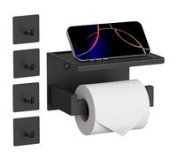 HITSLAM Matte Black Toilet Paper Holder with 4 Adhesive Hooks, Toilet Paper Holder with Shelf, Adhesive No Drill or Wall-Mounted with Screws for Bathroom