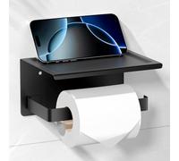 HITSLAM Toilet Roll Holder with Shelf Matte Black, Self Adhesive or Screw Wall Mount Toilet Paper Roll Holder, Rustproof Stainless Steel Toilet Tissue Holder for Bathroom, Kitchen