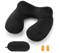 HITSZS Inflatable Travel Pillow for Airplane Inflatable Neck Pillow for Traveling with Soft Velvet Washable Cover for Sleeping, Airplane,Train, Car, Office, Contoured Eye Masks, Earplugs