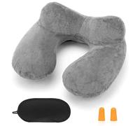 HITSZS Inflatable Travel Pillow for Airplane Inflatable Neck Pillow for Traveling with Soft Velvet Washable Cover for Sleeping, Airplane,Train, Car, Office, Contoured Eye Masks, Earplugs (Grey)