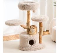 HITTITE Natural Wood Cat Tree Tower with Scratching Post, 40 Inches Tall Modern Cat Tower with Cozy Bed and Condo, Luxury Real Branch Cat Tree for Indoor Cats Large Adult, Khaki.