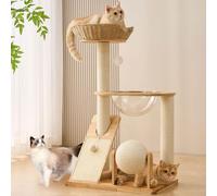 HITTITE Solid Wood Cat Tree Tower with Scratching Post, 36.6 Inches Tall Cat Towers with Scratching Board and Scratcher Ball, Modern Cat Tower With Space Capsule and Hand-Woven Basket for Indoor Cats.