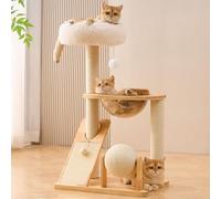 HITTITE Solid Wood Cat Tree Tower with Scratching Post, 38.5 Inches Tall Cat Towers with Scratching Board and Scratcher Ball, Modern Cat Tower With Space Capsule and Removable Top Bed for Indoor Cats.