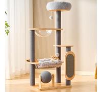 HITTITE Solid Wood Cat Tree Tower with Scratching Post, 52 Inches Tall Cat Towers with Scratching Board and Scratcher Ball, Modern Cat Tower with Space Capsule and Removable Top Bed for Indoor Cats