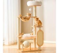 HITTITE Solid Wood Cat Tree Tower with Scratching Post, 52 Inches Tall Cat Towers with Scratching Board and Scratcher Ball, Modern Cat Tower with Space Capsule and Removable Top Bed for Indoor Cats