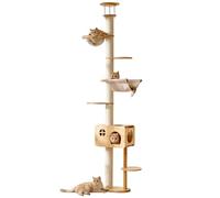 HITTITE Solid Wood Floor to Ceiling Cat Tree, 6 Tier 90.55"-118.11" Cat Climbing Tower with Sisal Scratching Post, Tall Cat Tree Tower with Condo Capsule and Cozy Hammock for Indoor Cats.