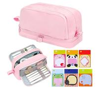 Hittriu Pink Pencil Case Girls Boys & 6Pcs Sticky Note Set, Large Capacity Pencil Pouch with 4 Compartments, Sturdy Zipper Oxford Cloth Pen Case for School Office Back to School