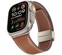 HITZEE Compatible with Apple Watch Strap 49mm 46mm 45mm 44mm 42mm, Genuine Leather Band with Magnetic Clasp Replacement Straps Designed for Apple Watch Ultra 2 Ultra Series 10 9 8 7 SE 6 5 4 3, Brown