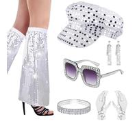 HIULLEN 6PCS 70s Disco Accessories, 70s Fancy Dress Women Accessories, Bling Sunglasses Earrings Bracelet Gloves Beret Leg Warmers, Abba Disco Fancy Dress Kit for Women Retro 70 Theme Party